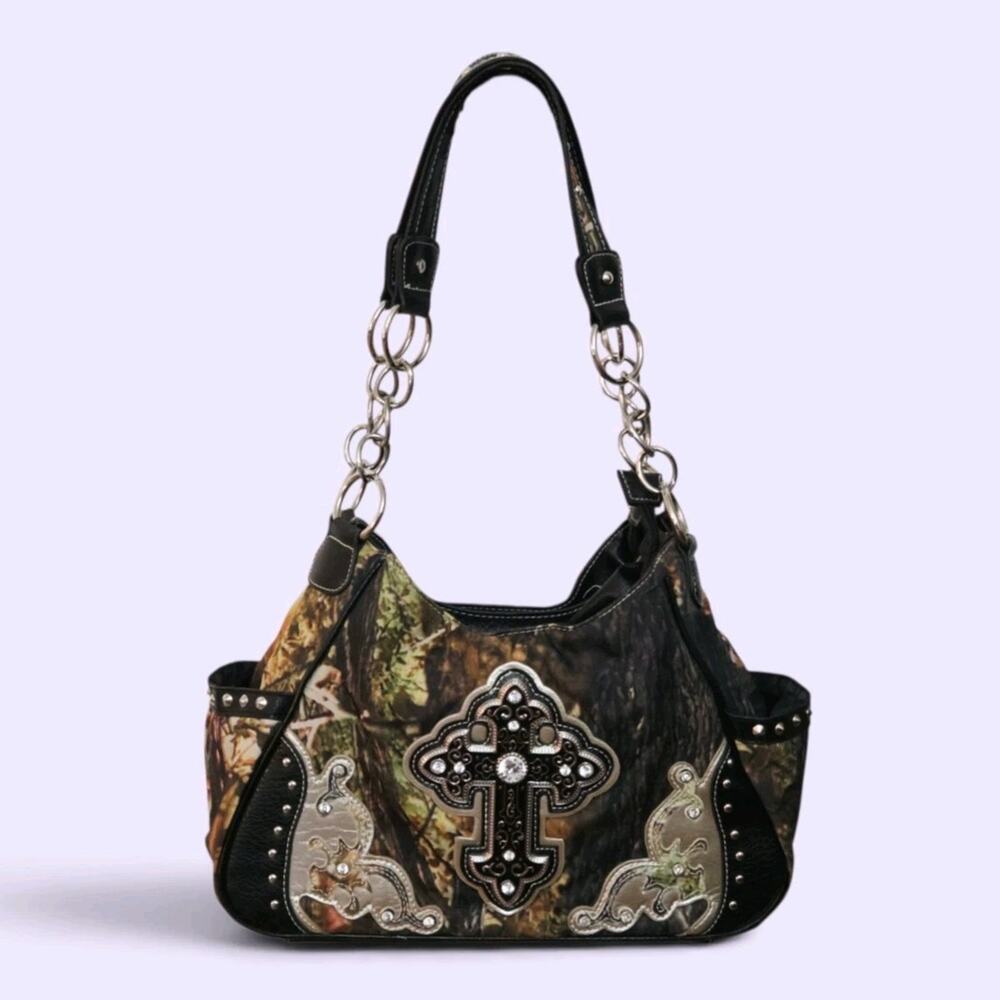 Western Cross Handbag Camo Studded Rhinestone Shoulder Purse Chain Strap